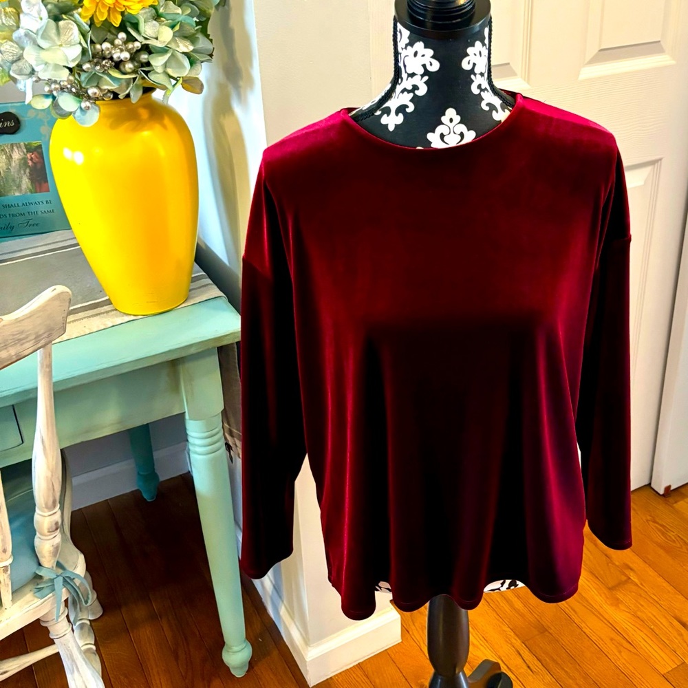 J. Jill Red Velvet 3/4 Sleeve Shirt MP Medium Petite Pullover Soft